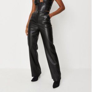 black faux leather straight trousers